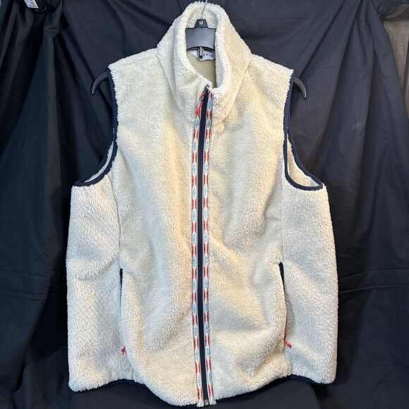 Orvis Women's Size XL Cream Sherpa Fleece Full Zip Vest Aztec Tapestry Navy Trim - Picture 1 of 10